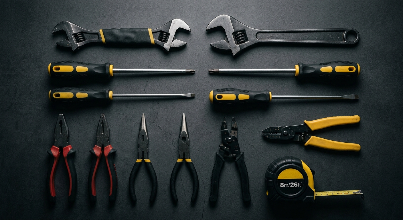Industrial tools arranged on a dark surface